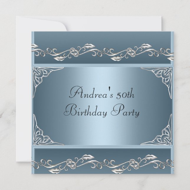 Invitación Fiesta de cumpleaños número 50 Precioso azul flora (Anverso)