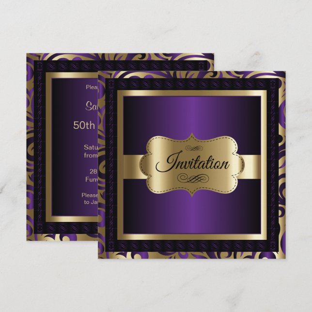 Invitación Fiesta de cumpleaños número 50| Purple Metallic &  (Anverso / Reverso)