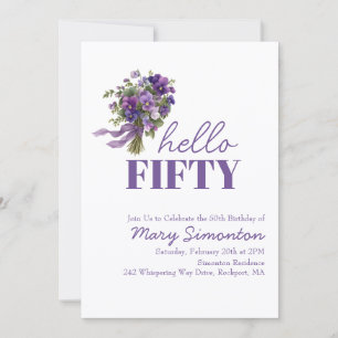 Invitación Fiesta de cumpleaños número 50 ramo floral púrpura