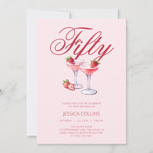 Invitación Fiesta de cumpleaños número 50 Red Fifty Strawberr (Anverso)