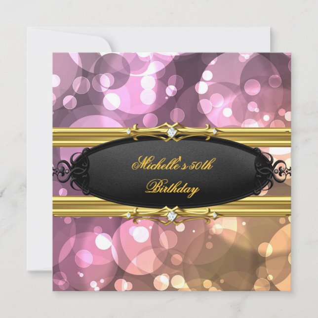 Invitación Fiesta de Cumpleaños número 50 Rosa Dorado Negro D (Anverso)
