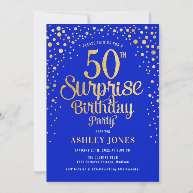Invitación Fiesta de cumpleaños número 50 - Royal Blue & Gold (Anverso)