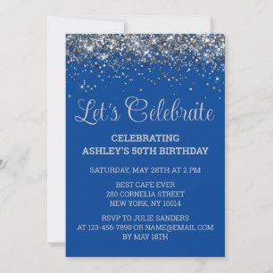 Invitación Fiesta de cumpleaños número 50 Royal Blue y brillo