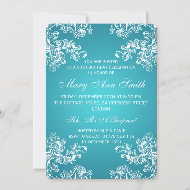 Invitación Fiesta de cumpleaños número 50 Swirls 2 Turquesa (Anverso)