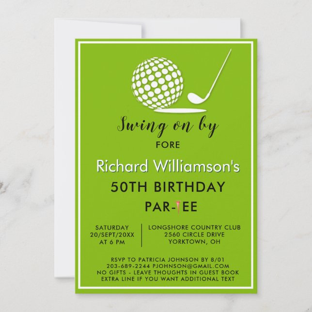 Invitación Fiesta de cumpleaños número 50 tema de golf para h (Anverso)