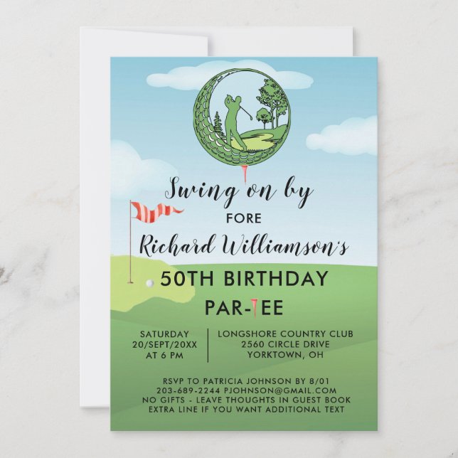 Invitación Fiesta de cumpleaños número 50 tema de golf para h (Anverso)