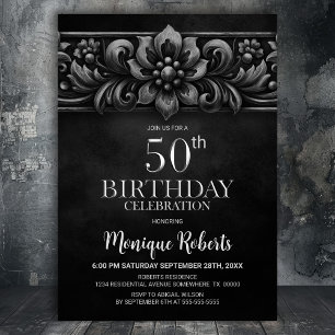 Invitación Fiesta de cumpleaños número 50 Vintage Flower Blac
