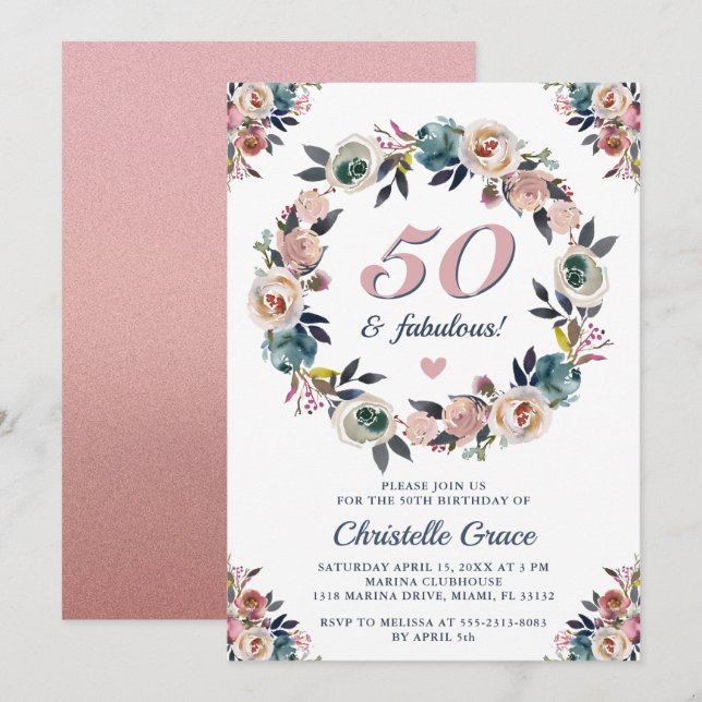 Invitación Fiesta de cumpleaños número 50 y fabuloso (Anverso / Reverso)
