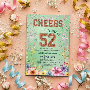 Invitación Fiesta de cumpleaños número 52 con flores brillant