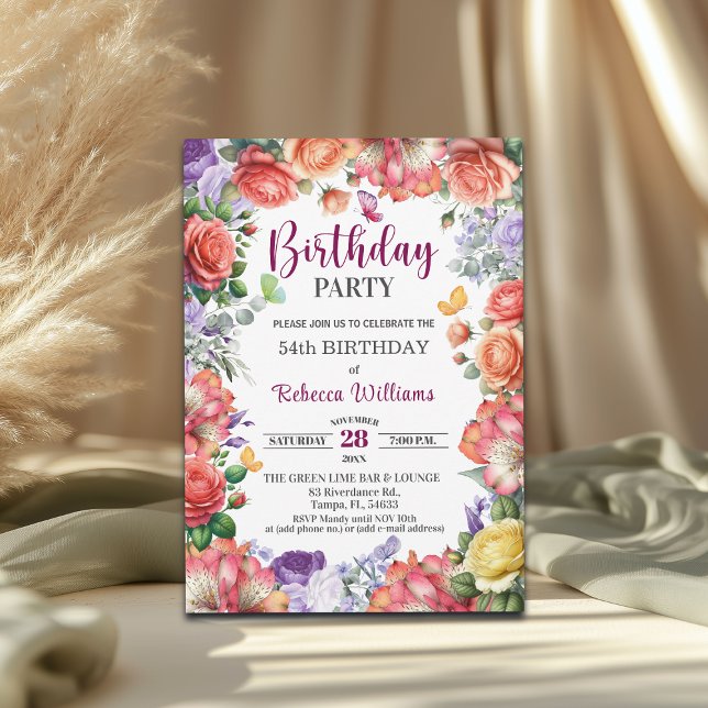 Invitación Fiesta de cumpleaños número 54 con flores elegante (Subido por el creador)