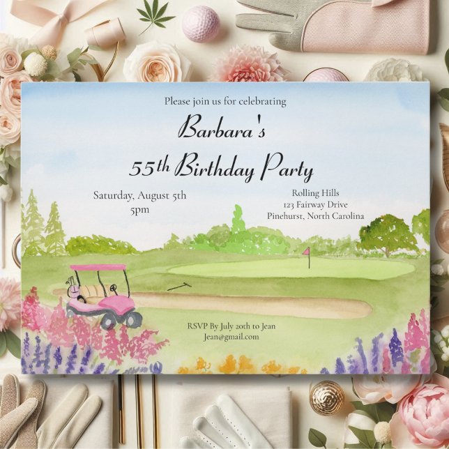 Invitación Fiesta de cumpleaños número 55 Carrito de golf ros (Subido por el creador)