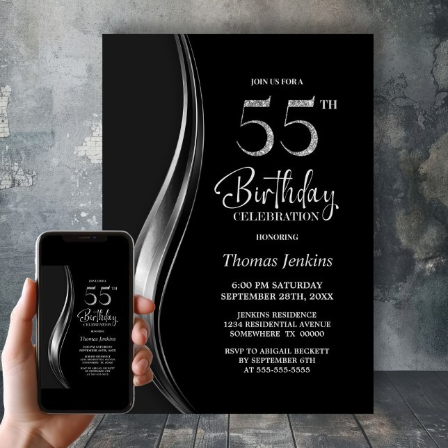 Invitación Fiesta de Cumpleaños número 55 con Estilo Negro y  (Subido por el creador)