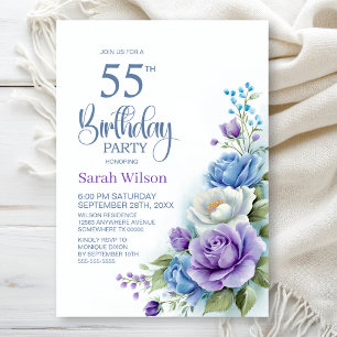 Invitación Fiesta de cumpleaños número 55 con flores púrpura 
