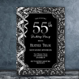 Invitación Fiesta de cumpleaños número 55 de Black White Sequ