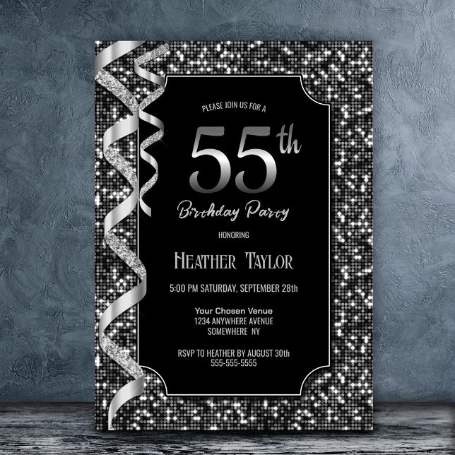Invitación Fiesta de cumpleaños número 55 de Black White Sequ (Subido por el creador)