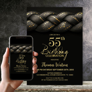 Invitación Fiesta de cumpleaños número 55 de Gray Gold Braid