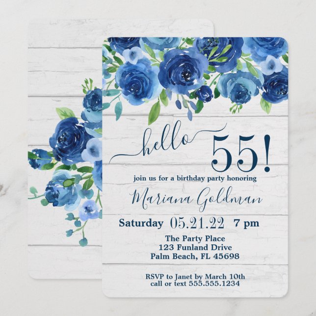 Invitación Fiesta de cumpleaños número 55 de Navy Blue Floral (Anverso / Reverso)