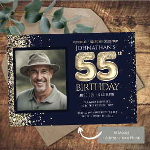 Invitación Fiesta de cumpleaños número 55 dorado azul