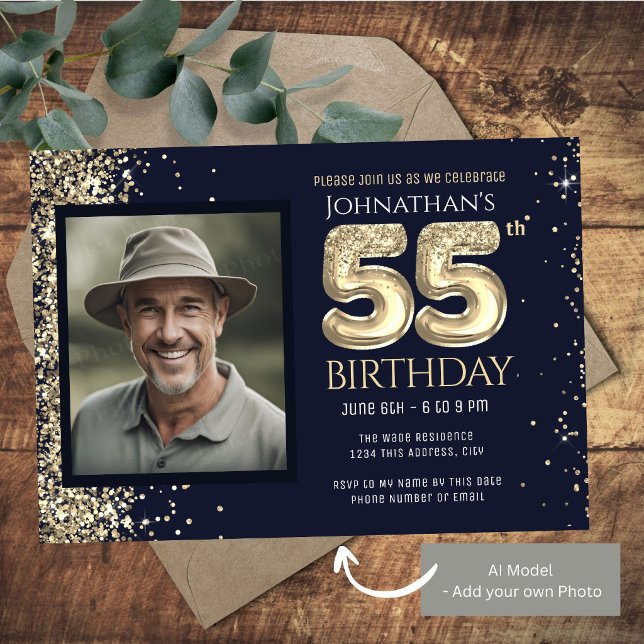 Invitación Fiesta de cumpleaños número 55 dorado azul (Subido por el creador)