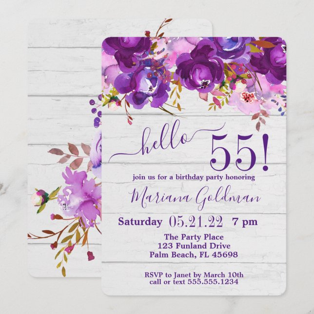 Invitación Fiesta de cumpleaños número 55 rústica con flores  (Anverso / Reverso)