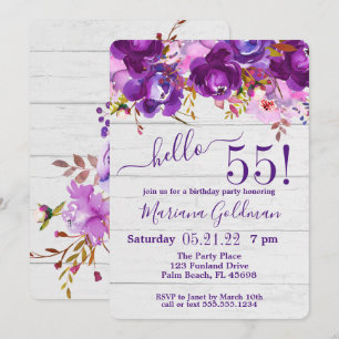 Invitación Fiesta de cumpleaños número 55 rústica con flores 