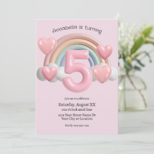 Invitación Fiesta de cumpleaños número 5 de arcoíris y corazo