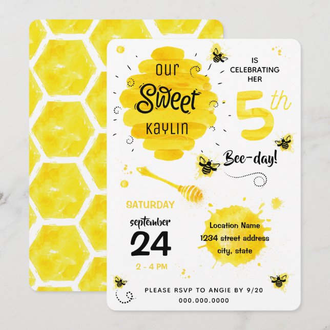 Invitación Fiesta de cumpleaños número 5 de bebe bebe amarill (Anverso / Reverso)