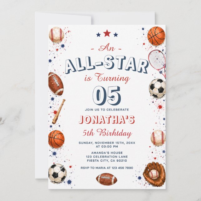 Invitación Fiesta de cumpleaños número 5 de Deportes All Star (Anverso)