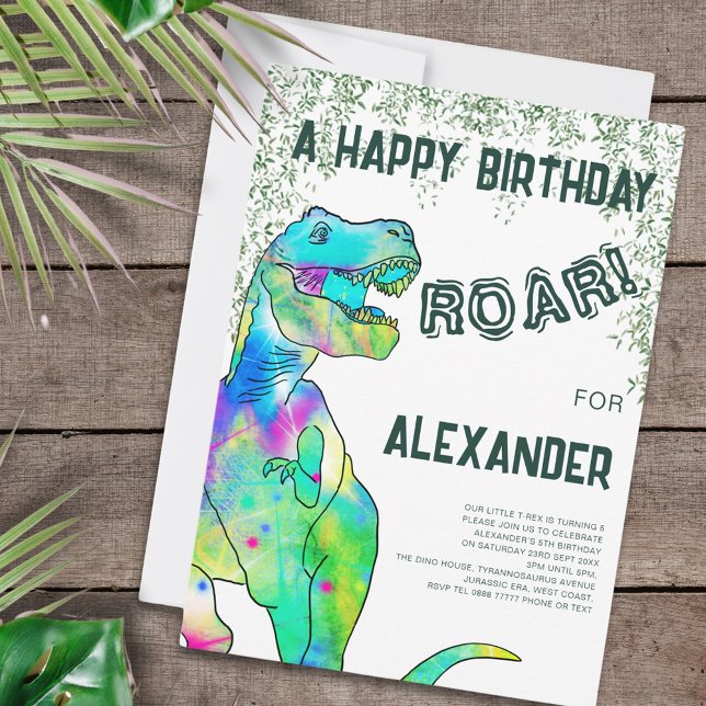 Invitación Fiesta de cumpleaños número 5 de Dinosaur Roar (Dinosaur 5th birthday party invitation with colorful t-rex roar and Jurassic jungle )