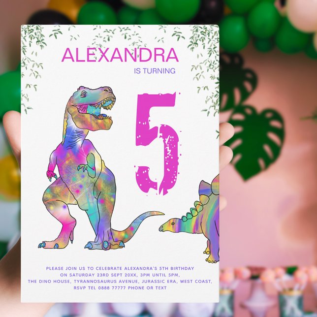 Invitación Fiesta de cumpleaños número 5 de dinosaurio para n (Girls pink dinosaur 5th birthday party invitation )