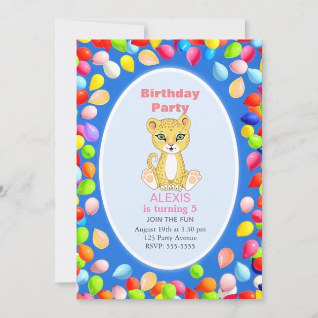 Invitación Fiesta de cumpleaños número 5 de Guepardo Lindo y  (Anverso)