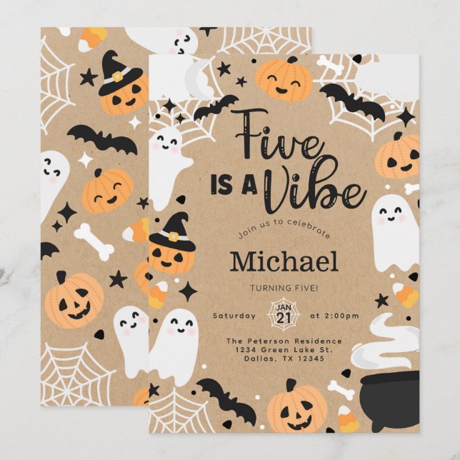 Invitación Fiesta de cumpleaños número 5 de Halloween Ghost P (Anverso / Reverso)