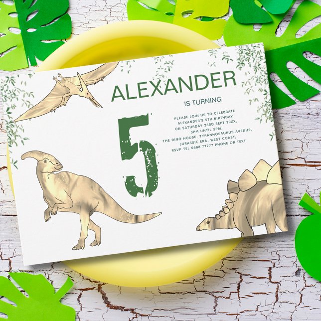 Invitación Fiesta de cumpleaños número 5 de la jungla de dino (Dinosaur jungle 5th birthday party invitation pterodactyl stegosaurus and parasaurolophus)