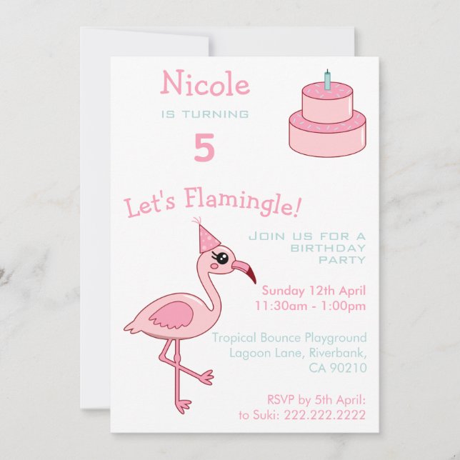 Invitación Fiesta de cumpleaños número 5 de Pink Flamingo (Anverso)