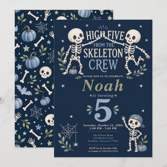 Invitación Fiesta de cumpleaños número 5 de Skeleton Crew (Anverso / Reverso)