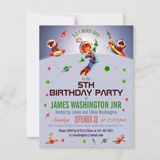 Invitación Fiesta de cumpleaños número 5 de Space Boy (Anverso)