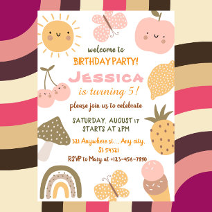 Invitación Fiesta de cumpleaños número 5 de Summer Cute Fruit