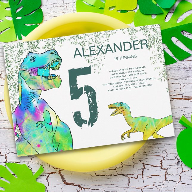 Invitación Fiesta de Cumpleaños número 5 de T-Rex Velocirapto (T-Rex and velociraptor dinosaur 5th birthday party invitation  Jurassic jungle watercolor foliage)