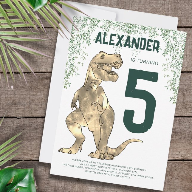 Invitación Fiesta de cumpleaños número 5 del dinosaurio T-Rex (T-Rex roar dinosaur jungle 5th birthday party custom invitation )
