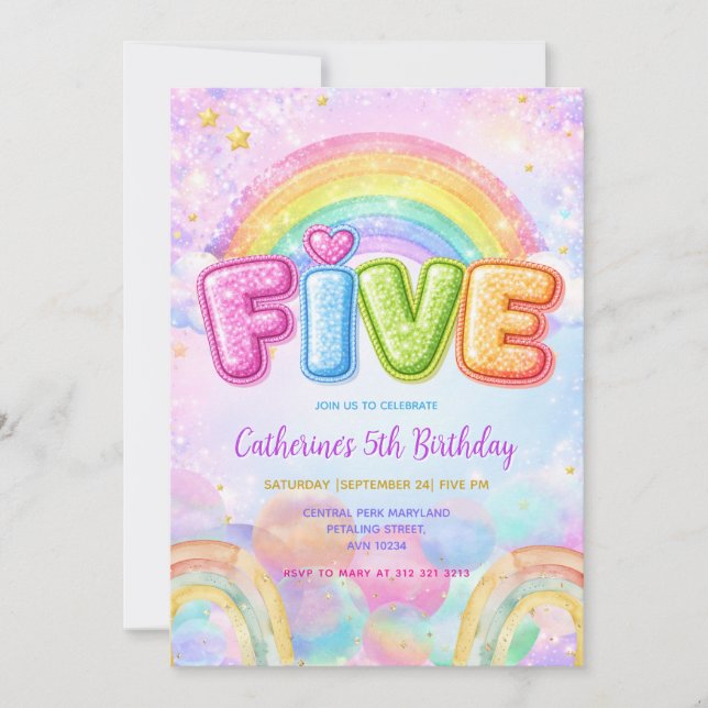 Invitación Fiesta de cumpleaños número 5 Sparkle Rainbow (Anverso)