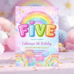 Invitación Fiesta de cumpleaños número 5 Sparkle Rainbow