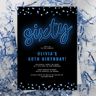 Invitación Fiesta de cumpleaños número 60 Adulto Neon Azul