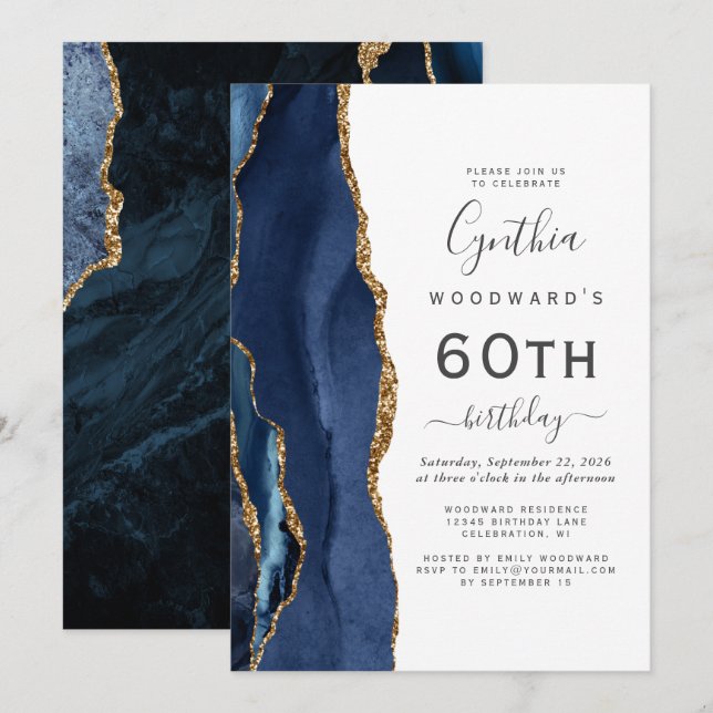 Invitación Fiesta de Cumpleaños número 60 Ágata Dorada Azul M (Anverso / Reverso)