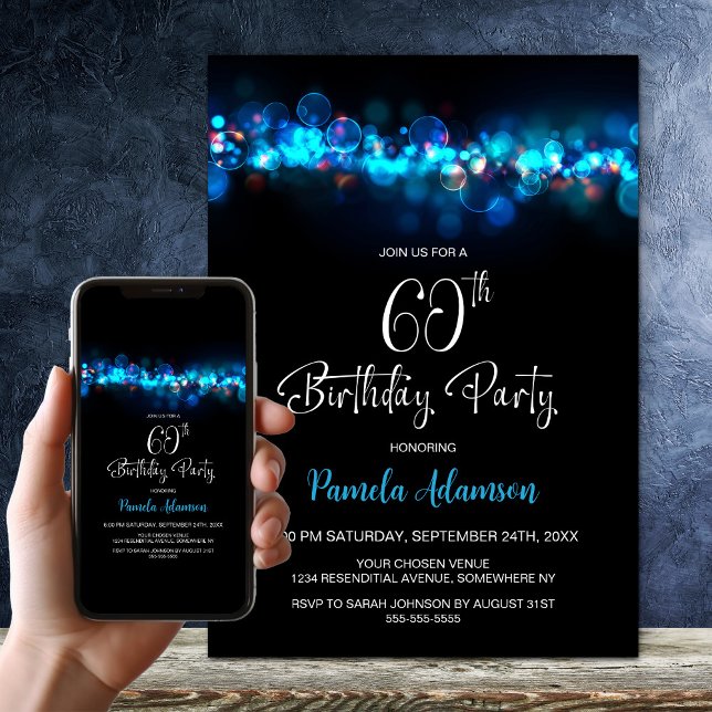 Invitación Fiesta de cumpleaños número 60 Blue Bokeh Black (Subido por el creador)