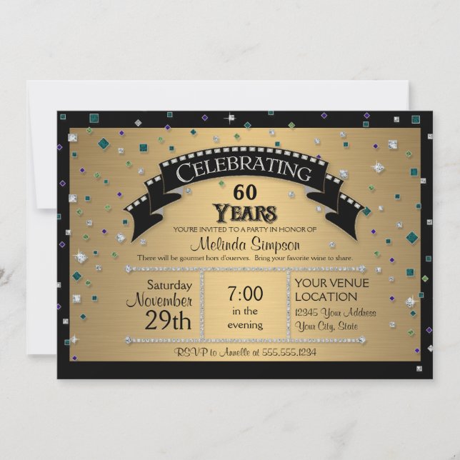 Invitación Fiesta de cumpleaños número 60 celebra Faux Jewel  (Anverso)