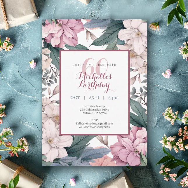 Invitación Fiesta de cumpleaños número 60 con acuarela floral (Subido por el creador)