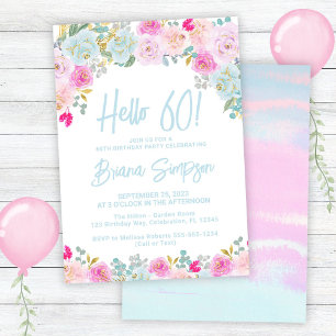 Invitación Fiesta de cumpleaños número 60 con flores azules r