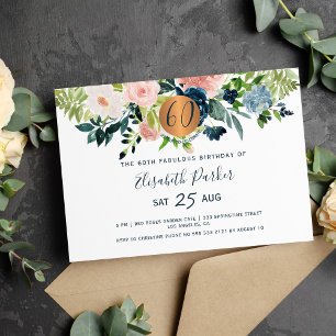 Invitación Fiesta de cumpleaños número 60 con flores de acuar