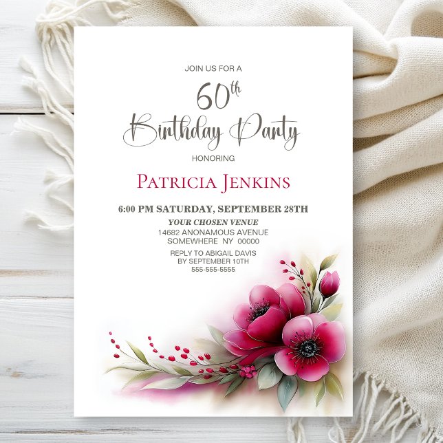 Invitación Fiesta de cumpleaños número 60 con flores rosadas  (Subido por el creador)