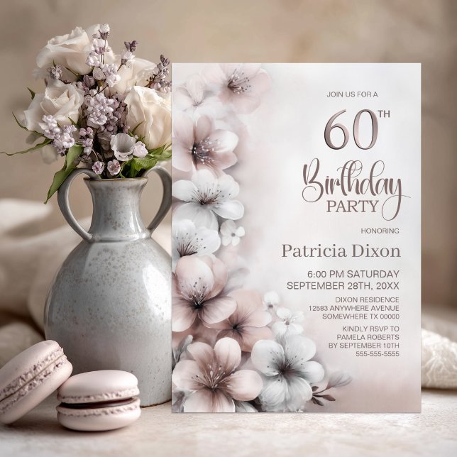 Invitación Fiesta de cumpleaños número 60 con flores rosadas (Subido por el creador)